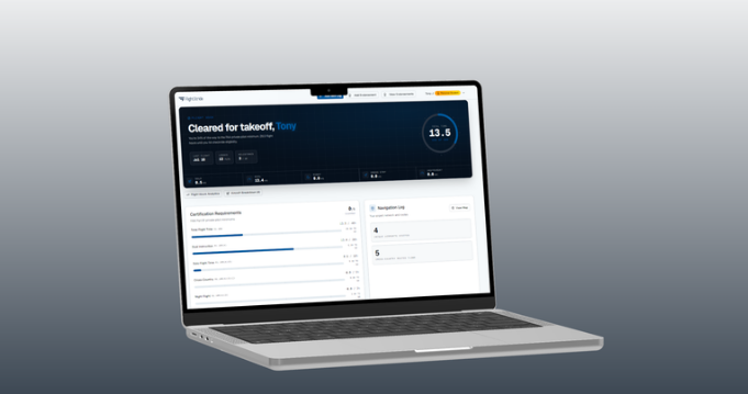Student pilot dashboard showing certification requirements and navigation log